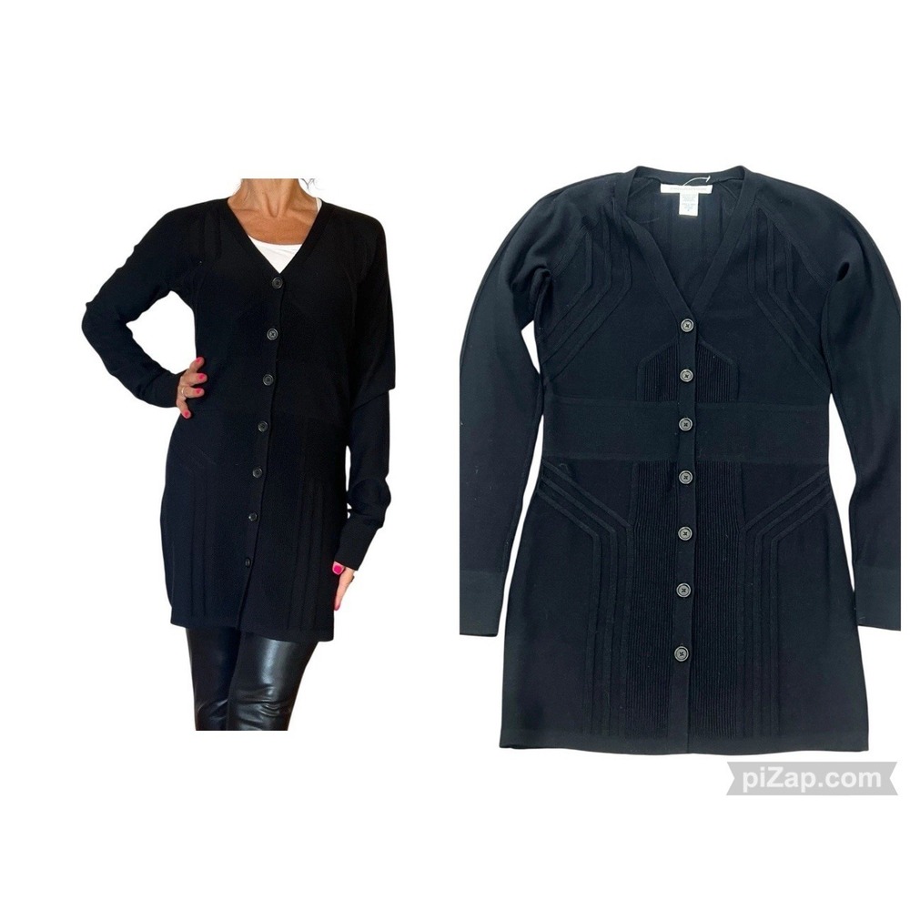 Diane Von Furstenberg DVF Black Casita Long Cardigan Sweater V Neck Wool Knit M
